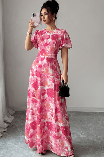 Veriazione Round Neck Flutter Sleeve Floral Maxi Dress