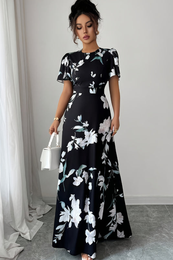 Veriazione Round Neck Flutter Sleeve Floral Maxi Dress