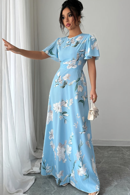 Veriazione Round Neck Flutter Sleeve Floral Maxi Dress