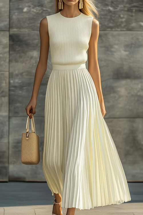 Veriazione Crew Neck Sleeveless Pleated Midi Dress