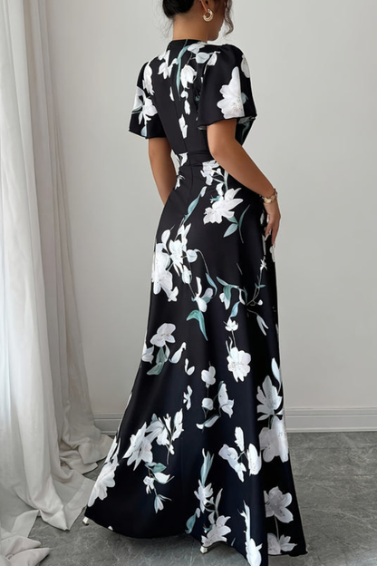Veriazione Round Neck Flutter Sleeve Floral Maxi Dress