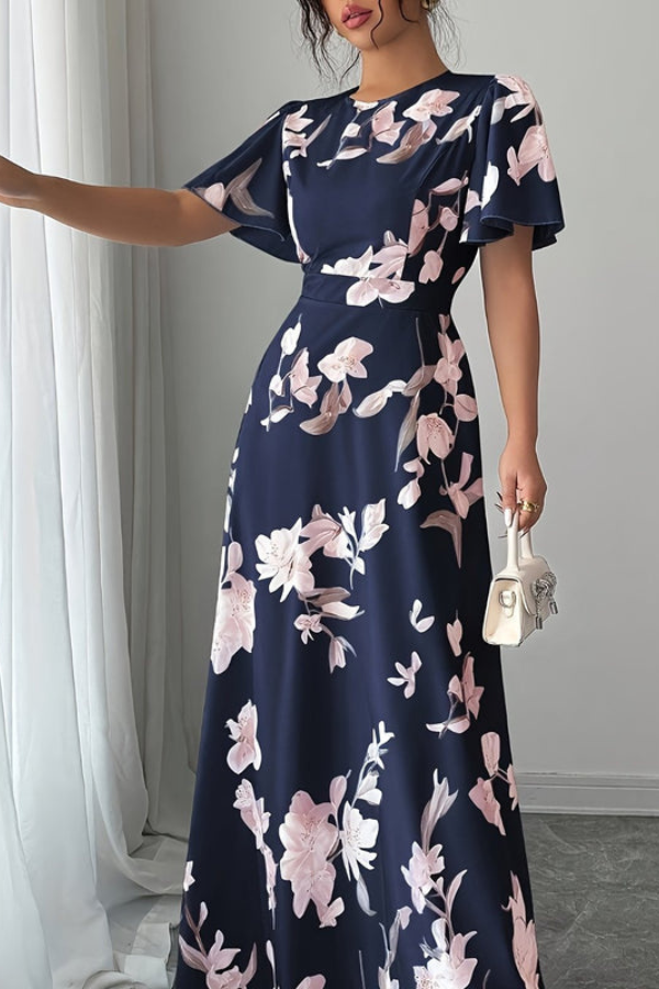 Veriazione Round Neck Flutter Sleeve Floral Maxi Dress