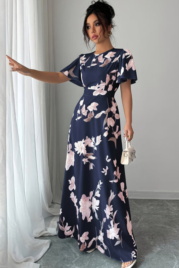 Veriazione Round Neck Flutter Sleeve Floral Maxi Dress