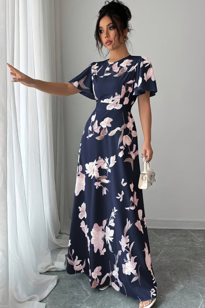 Veriazione Round Neck Flutter Sleeve Floral Maxi Dress