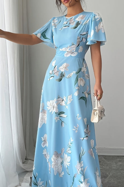 Veriazione Round Neck Flutter Sleeve Floral Maxi Dress