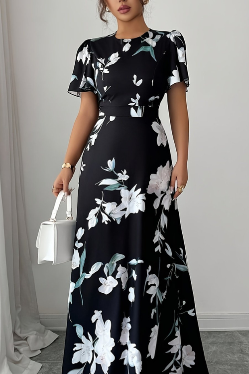 Veriazione Round Neck Flutter Sleeve Floral Maxi Dress