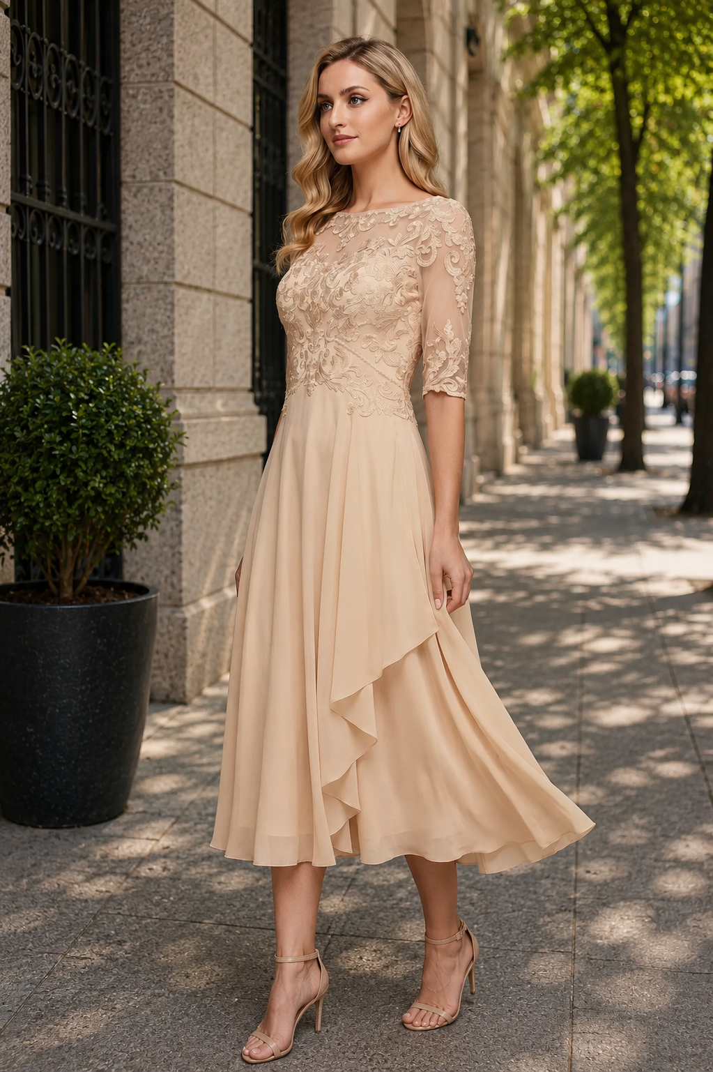 Veriazione Boat Neck Lace Bodice Midi Dress