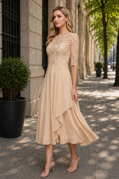 Veriazione Boat Neck Lace Bodice Midi Dress