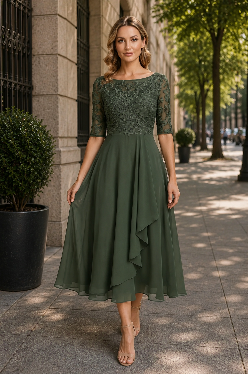 Veriazione Boat Neck Lace Bodice Midi Dress