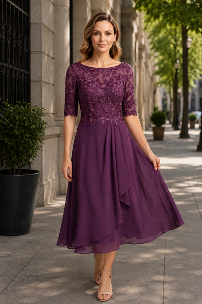 Veriazione Boat Neck Lace Bodice Midi Dress