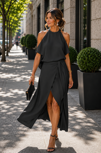 Veriazione Draped Off-Shoulder Asymmetrical Midi Dress