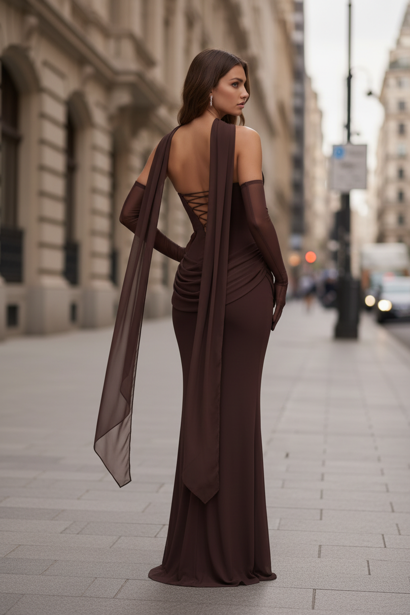 Veriazione Cowl Neck Draped Maxi Dress with Sleeves
