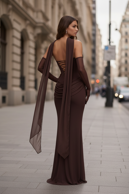 Veriazione Cowl Neck Draped Maxi Dress with Sleeves