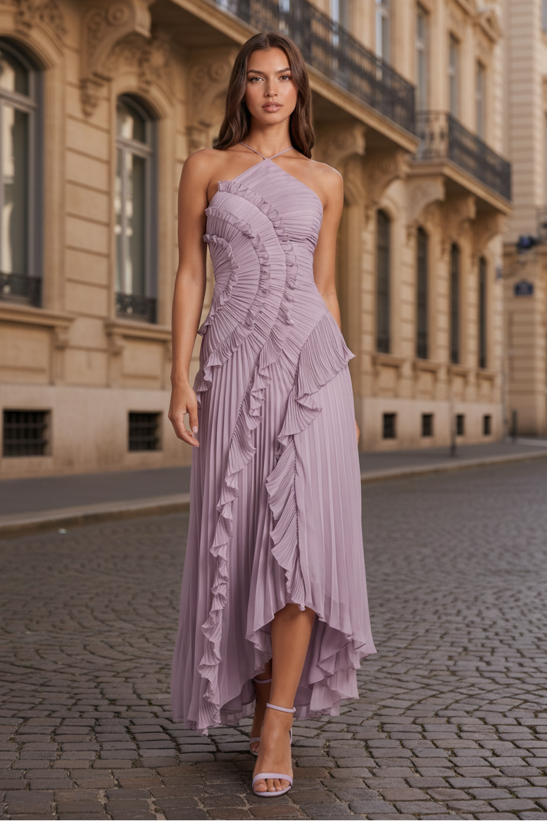 Veriazione One Shoulder Pleated Ruffle Maxi Dress