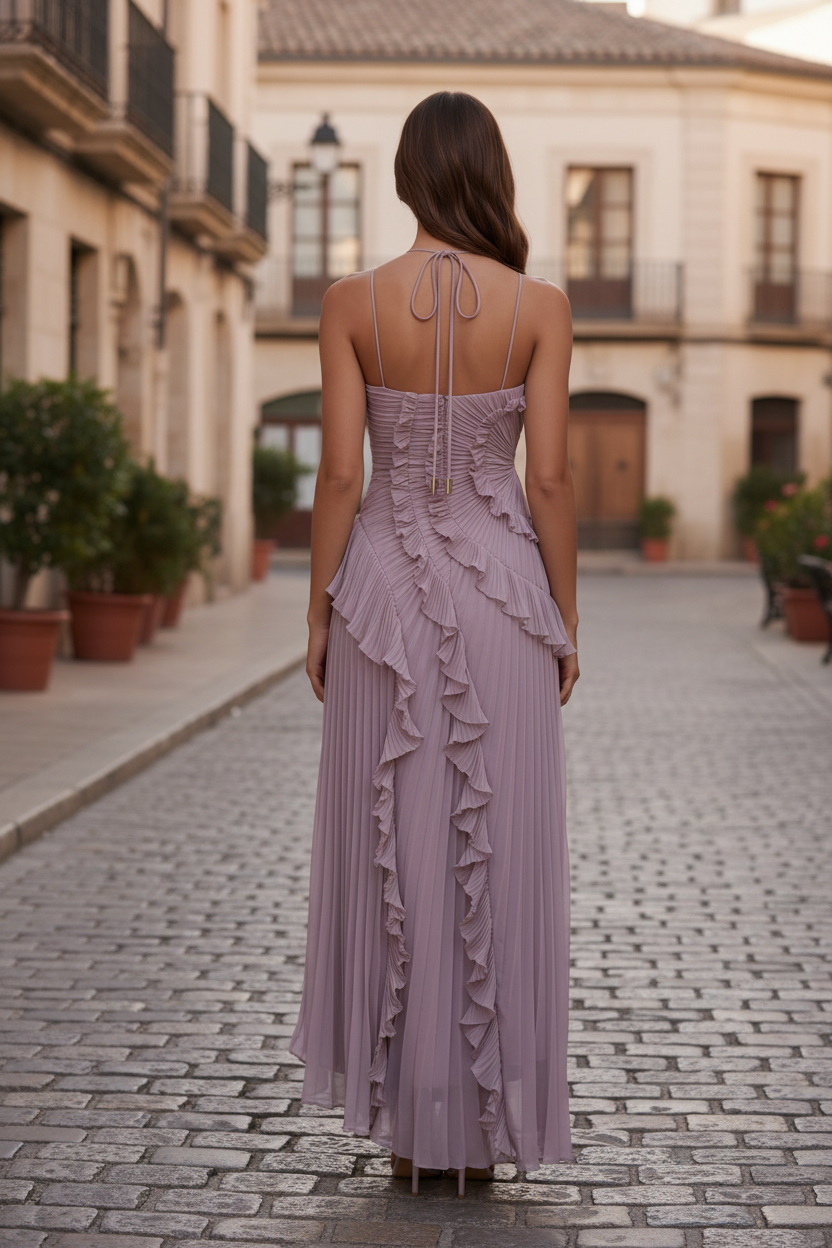 Veriazione One Shoulder Pleated Ruffle Maxi Dress