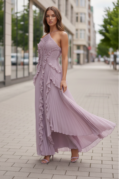 Veriazione One Shoulder Pleated Ruffle Maxi Dress