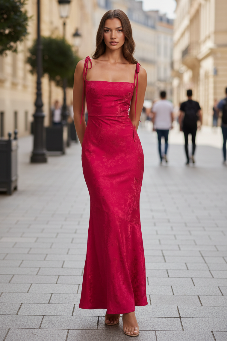 Veriazione Square Neck Tie Strap Satin Maxi Dress