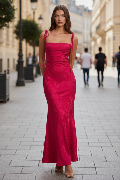 Veriazione Square Neck Tie Strap Satin Maxi Dress
