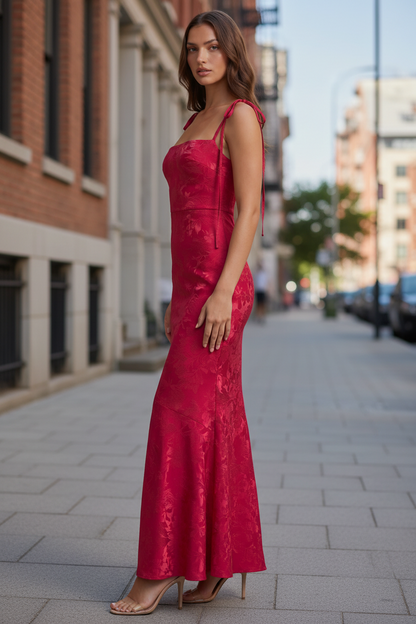 Veriazione Square Neck Tie Strap Satin Maxi Dress