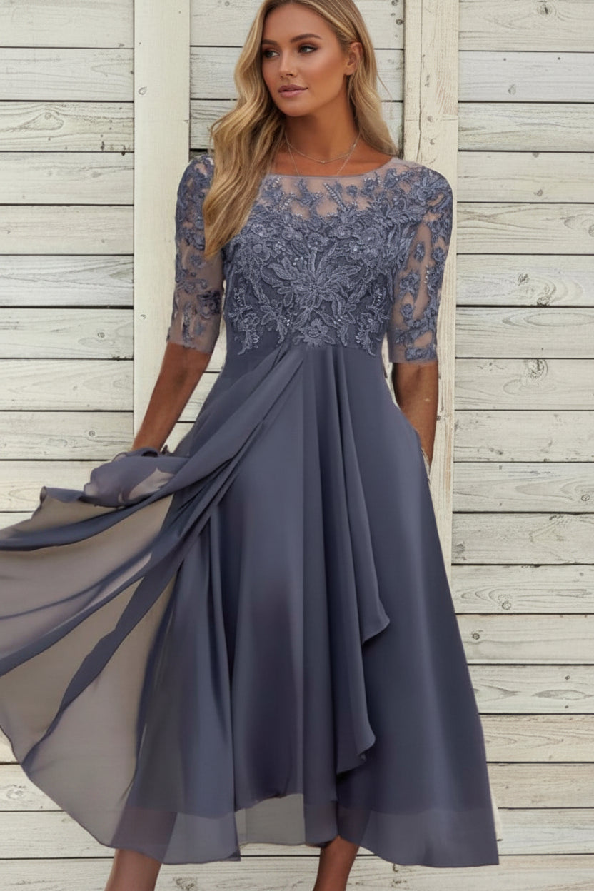 Veriazione Boat Neck Lace Bodice Midi Dress