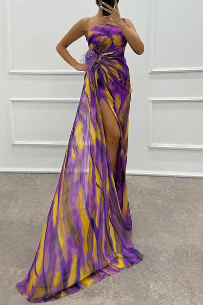 Veriazione One Shoulder Ruched High Slit Maxi Dress