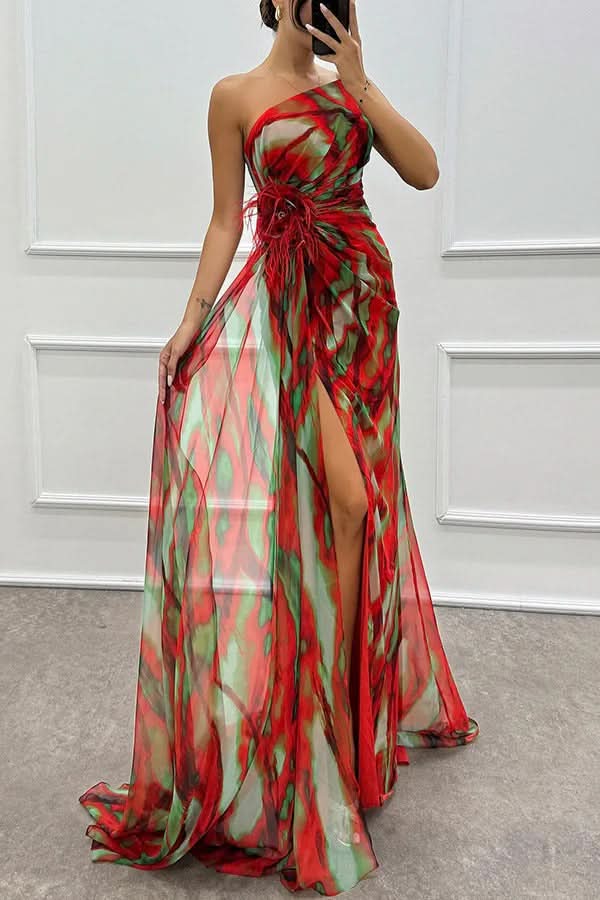 Veriazione One Shoulder Ruched High Slit Maxi Dress