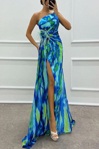 Veriazione One Shoulder Ruched High Slit Maxi Dress